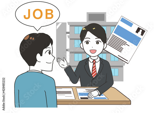 仕事探しをする男性　受付の男性　文字付き