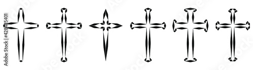 Vector collection of black ink or paint religion or faith cross symbol set isolated on white background. Abstract christian religious belief or faith art illustration for orthodox or catholic design
