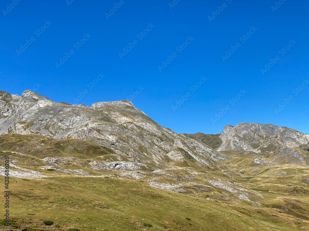 Fototapeta premium Views of the mountainous area of Portalet in the Aragonese Pyrenees on the border with France. Huesca, Spain.