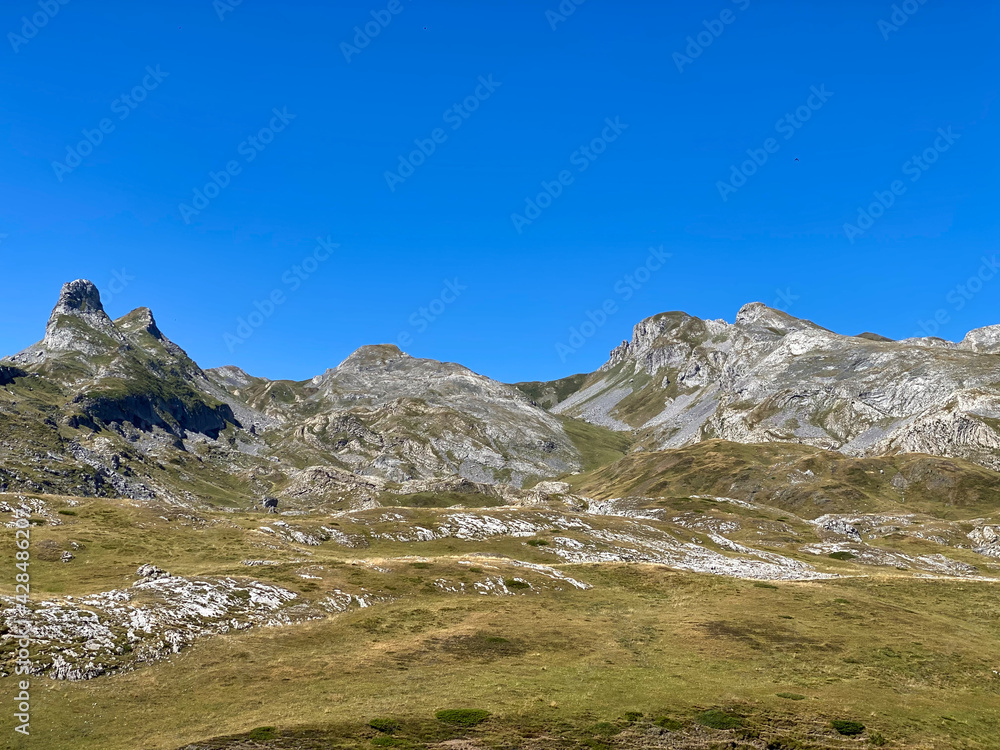 Views of the mountainous area of Portalet in the Aragonese Pyrenees on the border with France. Huesca, Spain.