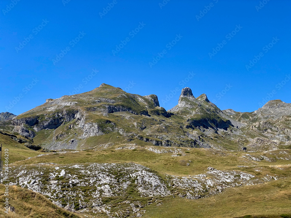 Views of the mountainous area of Portalet in the Aragonese Pyrenees on the border with France. Huesca, Spain. Views of the mountainous area of Portalet in the Aragonese Pyrenees on the border with France. Huesca, Spain.