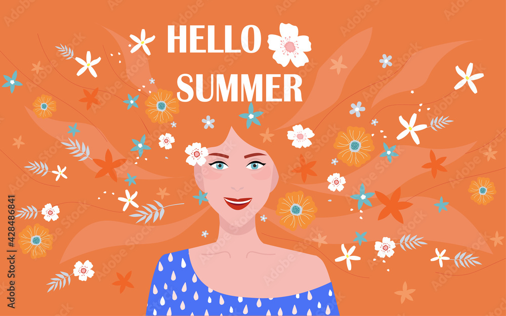 Portrait of a beautiful girl with long hair and flowers. Summer, spring poster, banner for mother's Day. The concept of a happy woman, youth, and health. Vector graphics.