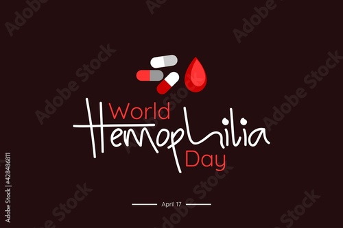 World Hemophilia Day. Drops of blood and capsule on dark background. Haemophilia disease awareness symbol. Isolated vector illustration