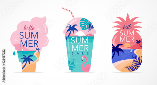 Summer time fun concept design. Creative background of landscape, panorama of sea and beach on pineapple, ice cream and smoothie shake glass. Summer sale, post template