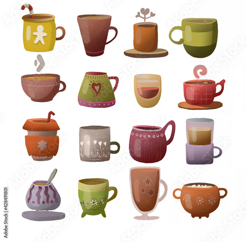 freehand drawing illustration of cups with coffee and tea and cocoa in retro style sixteen cups