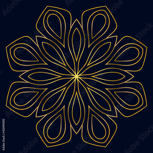 Cute gold Mandala. Ornamental round doodle flower isolated on dark background. Geometric decorative ornament in ethnic oriental style.