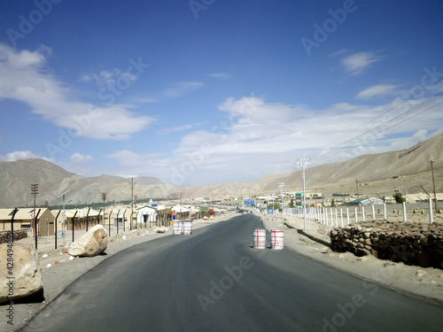 Landscape view along the way on Leh-Manali Highway, Beautiful mountain with clear blue sky, asphalt road in leh, ladakh, jammu and kashmir, india, asia