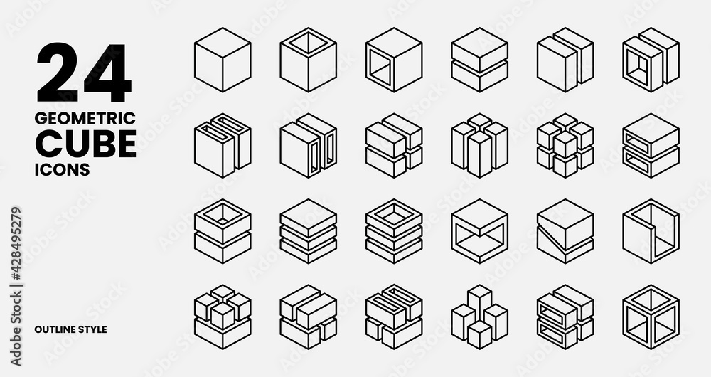 Geometric Cube Icons Collection In Outline Style - obrazy, fototapety, plakaty 