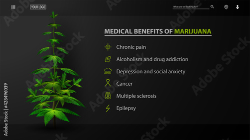 Medical benefits of marijuana, black poster for website with bush of cannabis. Medical uses for marijuana, benefits of use
