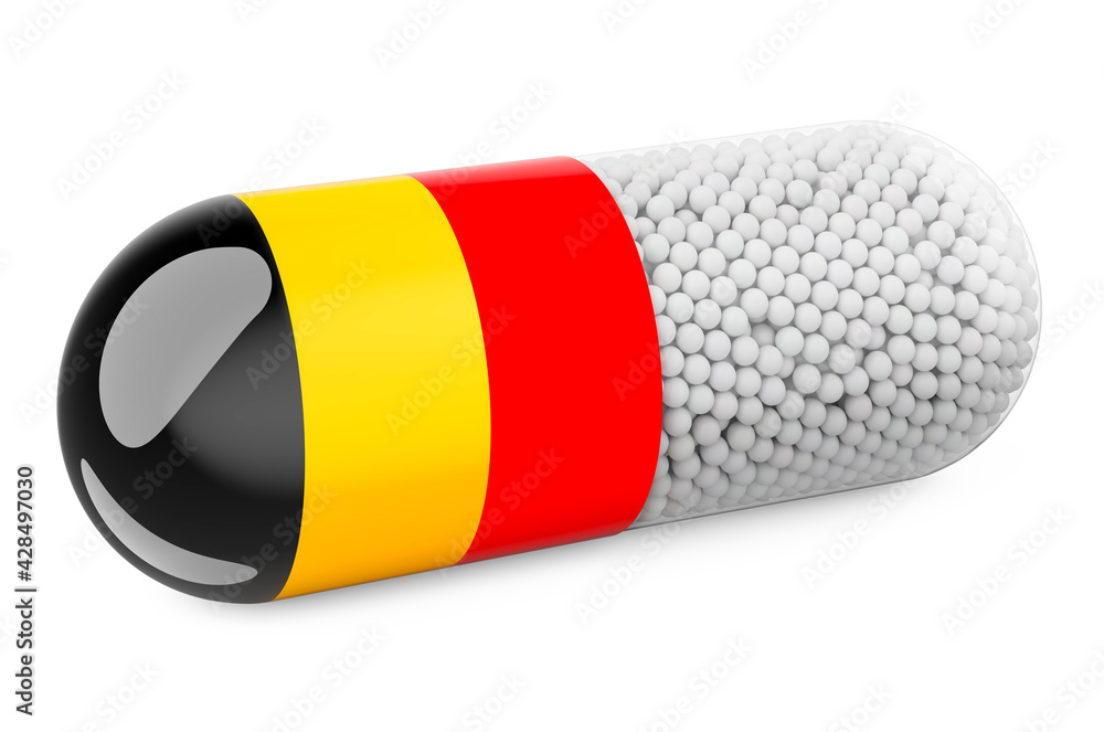 Pill capsule with Belgian flag. Healthcare in Belgium concept. 3D rendering