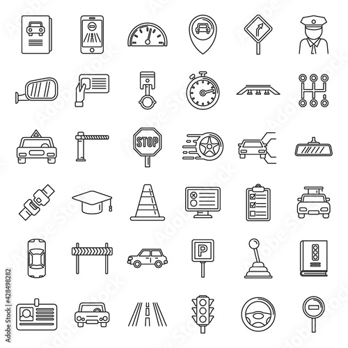 Auto driving school icons set, outline style