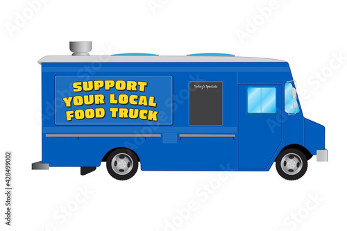 Support Your Local Food Truck on a blue long food truck - Vector Illustration