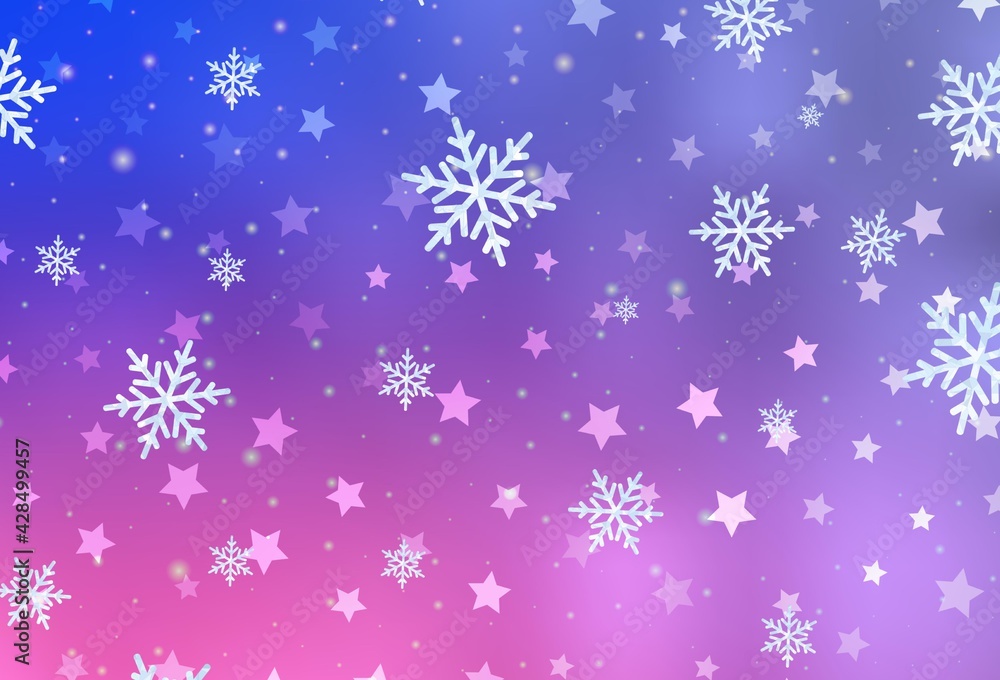 Light Purple, Pink vector background with xmas snowflakes, stars.