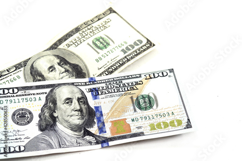 100 american dollars, american dollar, money market and 100 us dollars on a white background,