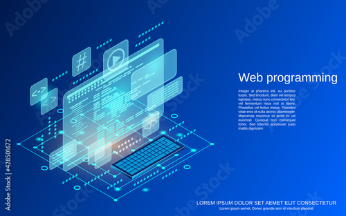 Web application development, program coding, programming, interface construction flat 3d isometric vector concept illustration