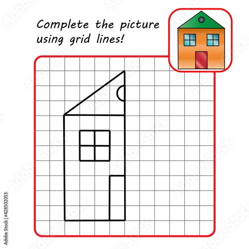 Educational game for kids. Simple exercise. House. Drawing using grid. Symmetrical drawing. Vector illustration.
