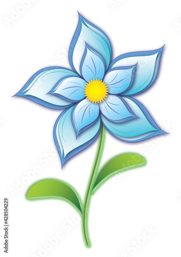 Illustration of a blue cornflower flower on a stem with leaves on a white background. Colorful blooming spring and summer flowers in jpg format.