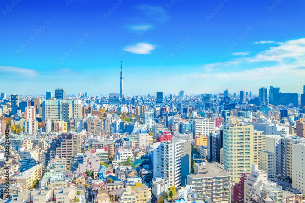 anime illust background city tokyo sky townscape skytree scenery noon fine  weather helicopter shot Stock Photo | Adobe Stock