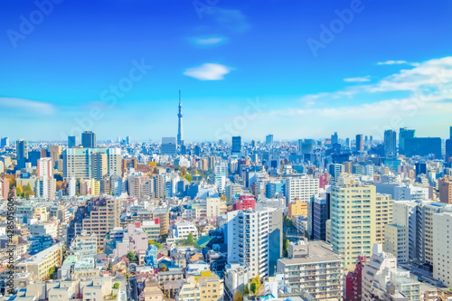 anime illust background city tokyo sky townscape skytree scenery noon fine weather helicopter shot