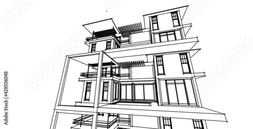 Perspective outline architecture building 3d illustration, modern urban architecture abstract background design.