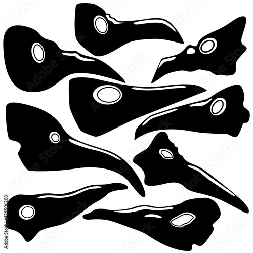 A set of nine plague doctor masks isolated on a white background.
