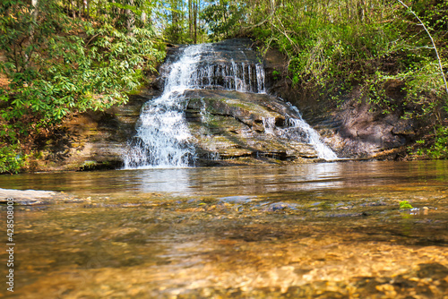 A small waterfall in the woods spilling into a pool.