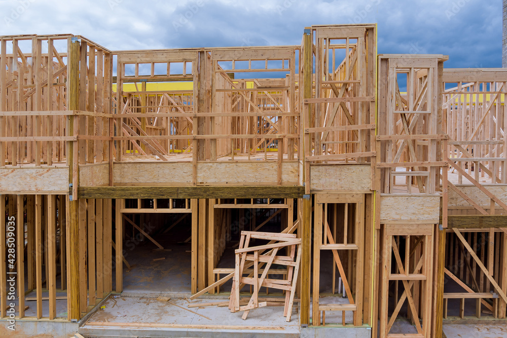 Panorama view framing unfinished of a apartment residential construction wall Panorama view framing unfinished of a apartment residential construction wall