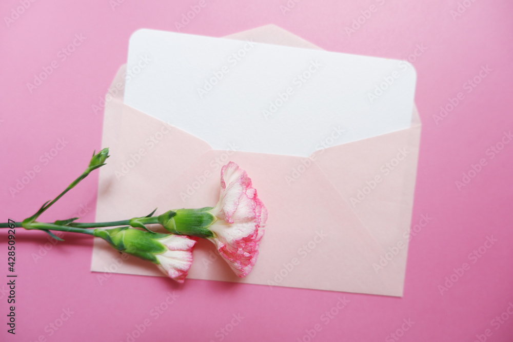 Pink Carnation flowers with blank greeting card set. Mother's day, Father's day, Women's day, Wedding and Birth day background. ピンクカーネーションとカードセット、母の日素材、母の日背景
