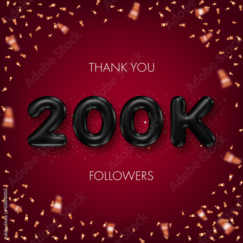 Thank you followers. Social media achievement poster with black 3d numbers and confetti on dark red background