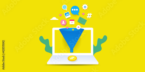 3d style minimal design concept of marketing funnel, lead generation, conversion optimization, digital marketing, sales funnel internet communication.
