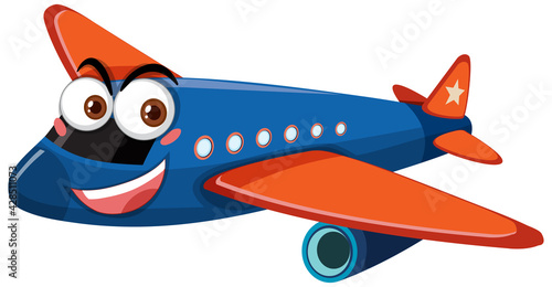 Airplane with face expression cartoon character on white background