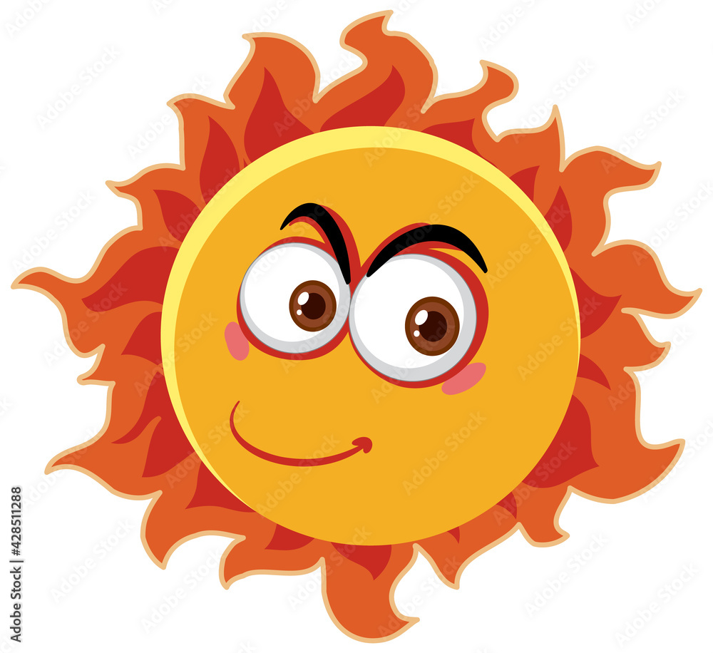 Sun cartoon character with happy face expression on white background
