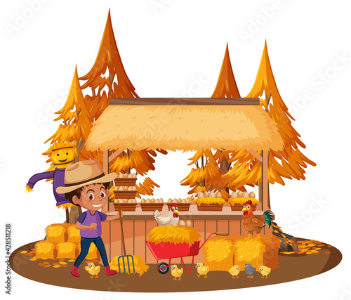 A farmer boy with egg store on white background