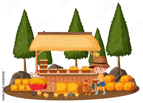 A farmer boy with egg store isolated on white background