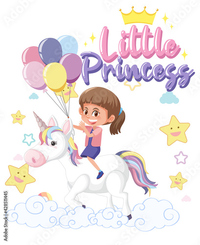 Little girl riding pegasus with little princess font on white background