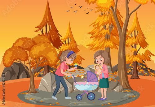 Park scene at sunset time with mother and daughter