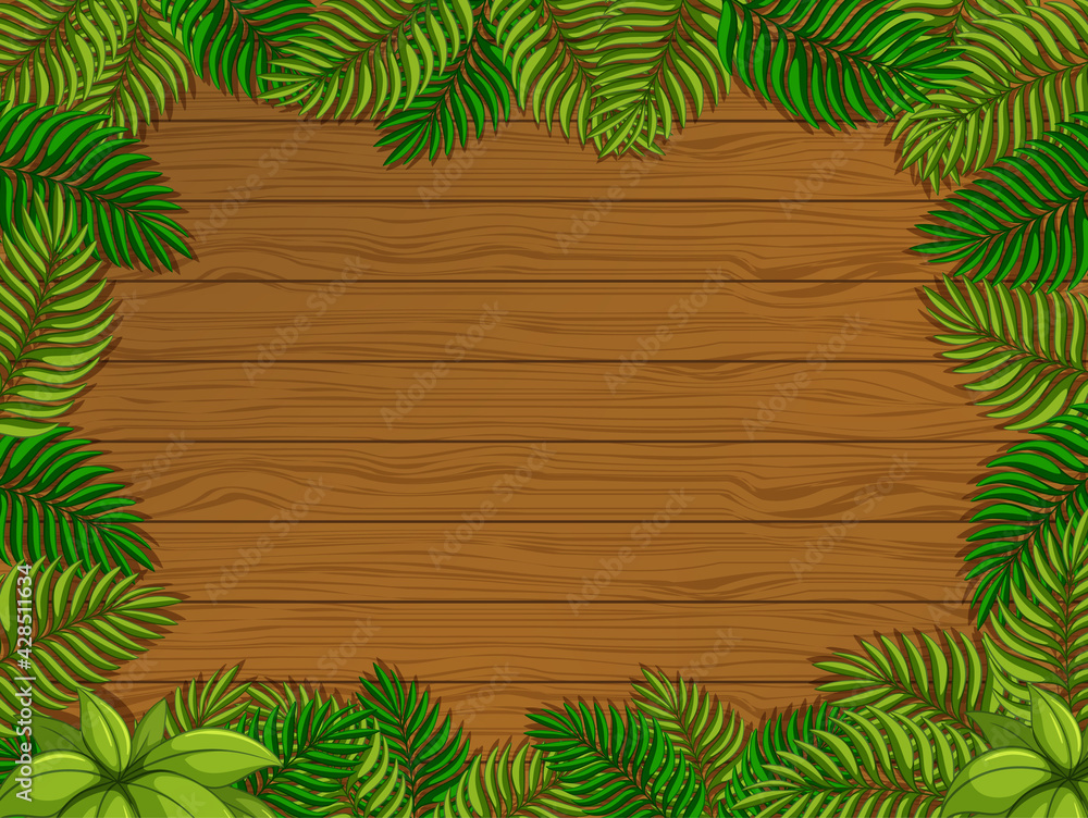 Empty wooden background with tropical leaves elements