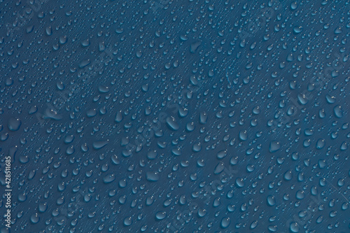 Drops texture. Wet raindrop water on blue glass background. Bubble pattern.