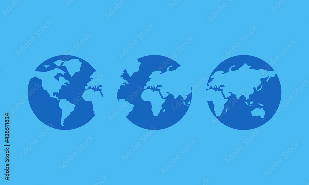 Fototapeta premium The Globe Web Page Icons - Three Earth Tellus Vector Icon Planets Blue Flat Simple Background Design - America, Asia, Europe, Oceania - Space view Poster Card Web Site