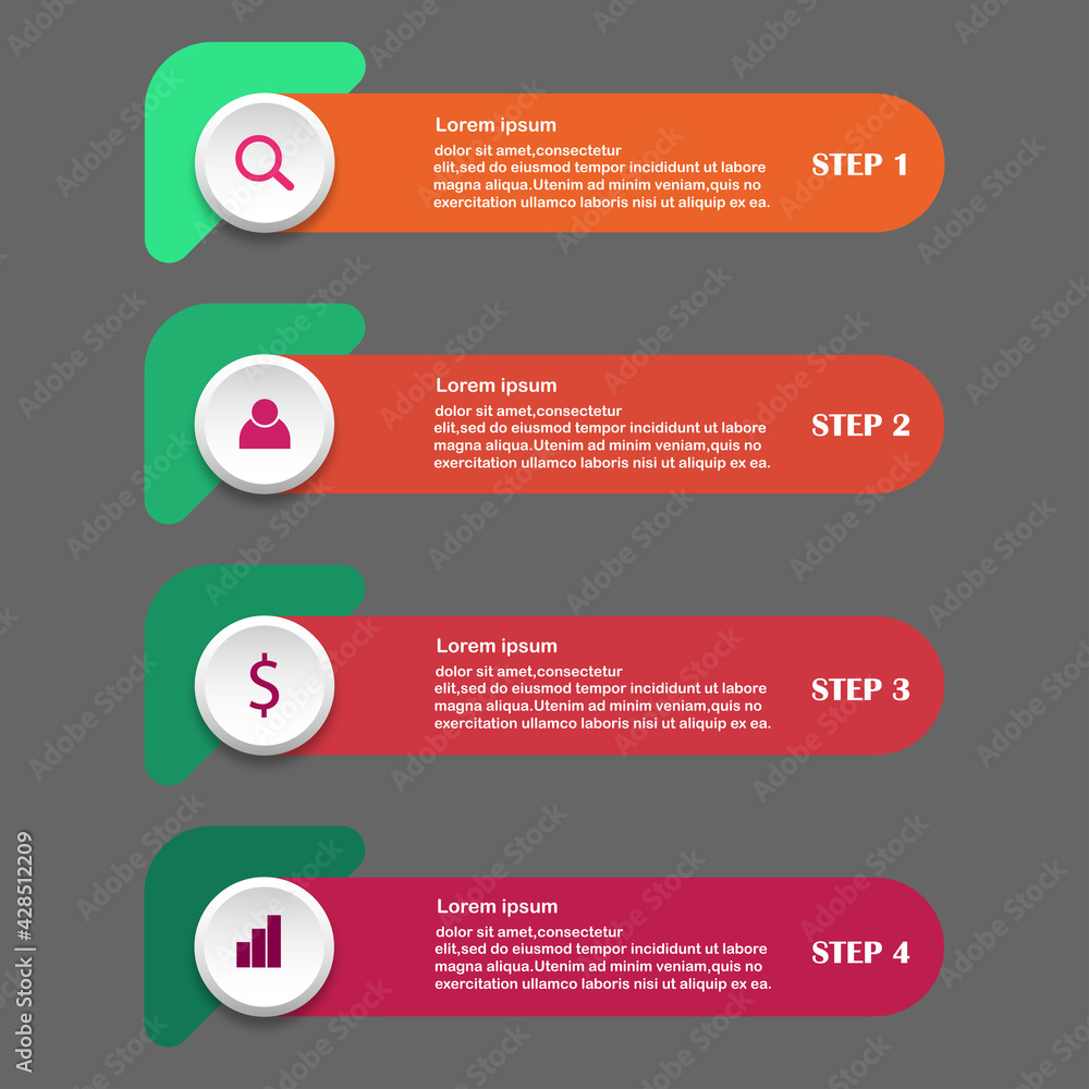 Vector infographics design template on the white background, diagram, annual report, web design. Business concept with 4 step, steps or processes.