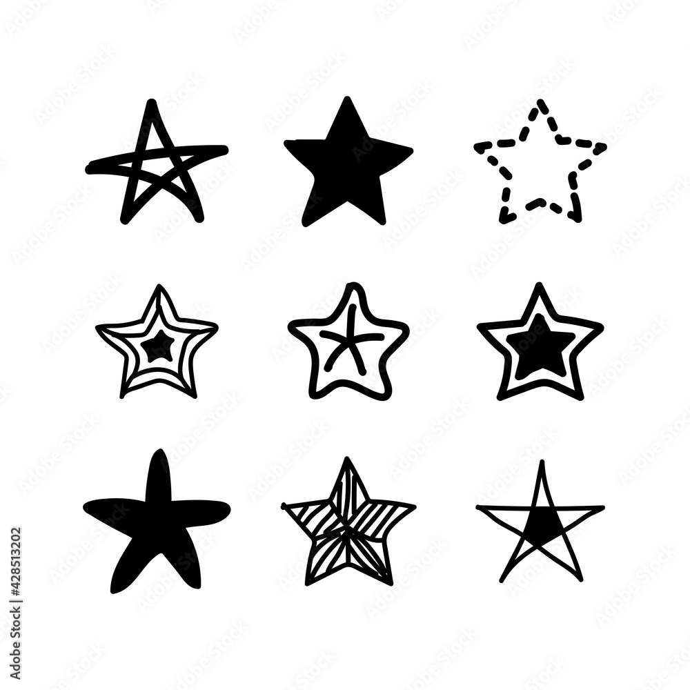 Set of black stars icons hand-drawn. Collection of star effect symbols scribble on white background. Simple design. Line doodle. Kids style. Vector illustration. Set of black stars icons hand-drawn. Collection of star effect symbols scribble on white background. Simple design. Line doodle. Kids style. Vector illustration.