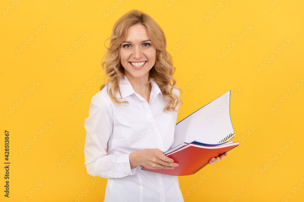 executive assistant or employee. businesswoman. making notes. cheerful woman in white shirt. executive assistant or employee. businesswoman. making notes. cheerful woman in white shirt.