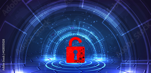 Cyber security attack technology concept.Padlock red open on  dark blue background.Cyber attack and Information leak concept.Vector illustration.