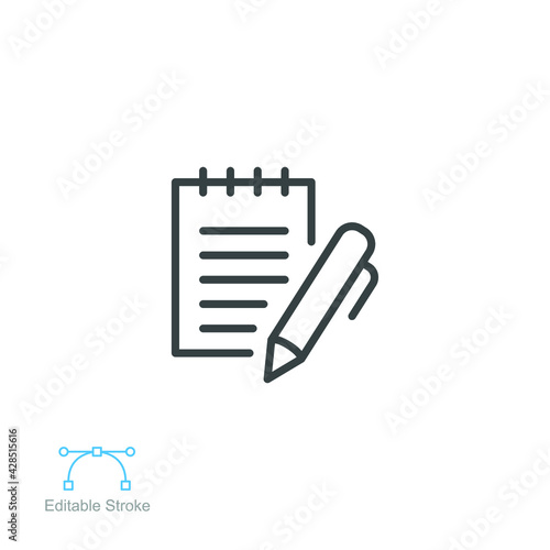 notebook with pen icon, write text paper. Notepad Symbol. Office and school. Business education workplace paperwork outline style editable stroke vector illustration design on white background. EPS 10