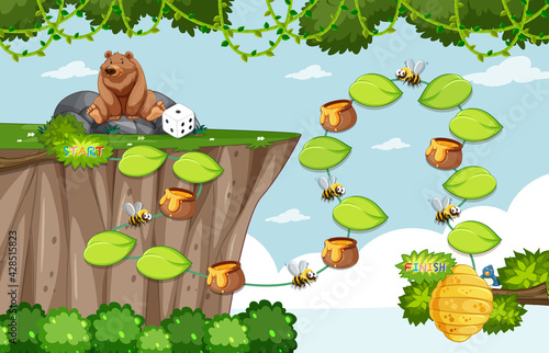 Game template with grizzly bear and bee on forest background