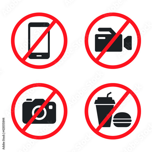 prohibition no camera, no mobile phone, no video recording, no food and drink signboard icon. flat style. Prohibited Stop fast food warning sign. vector illustration design on white background. EPS 10