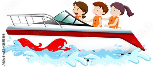People standing on a speed boat isolated on white background