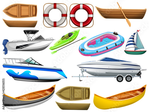 Set of different kind of boats and ship isolated on white background