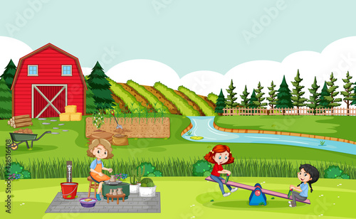 Happy family in farm scene with red barn in field landscape