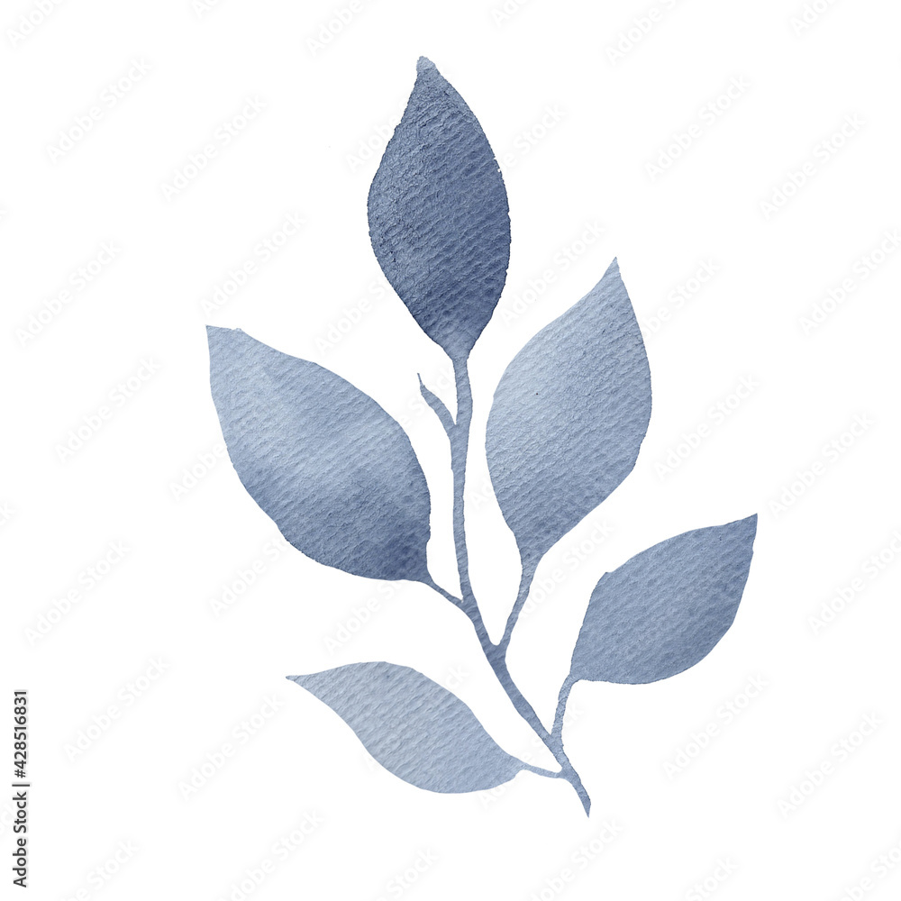 Blue flowers and leaves are hand-drawn. Isolated on white background. For party and wedding invitations, greeting cards, birthday projects, flyers, brochures, covers, presentations, print templates